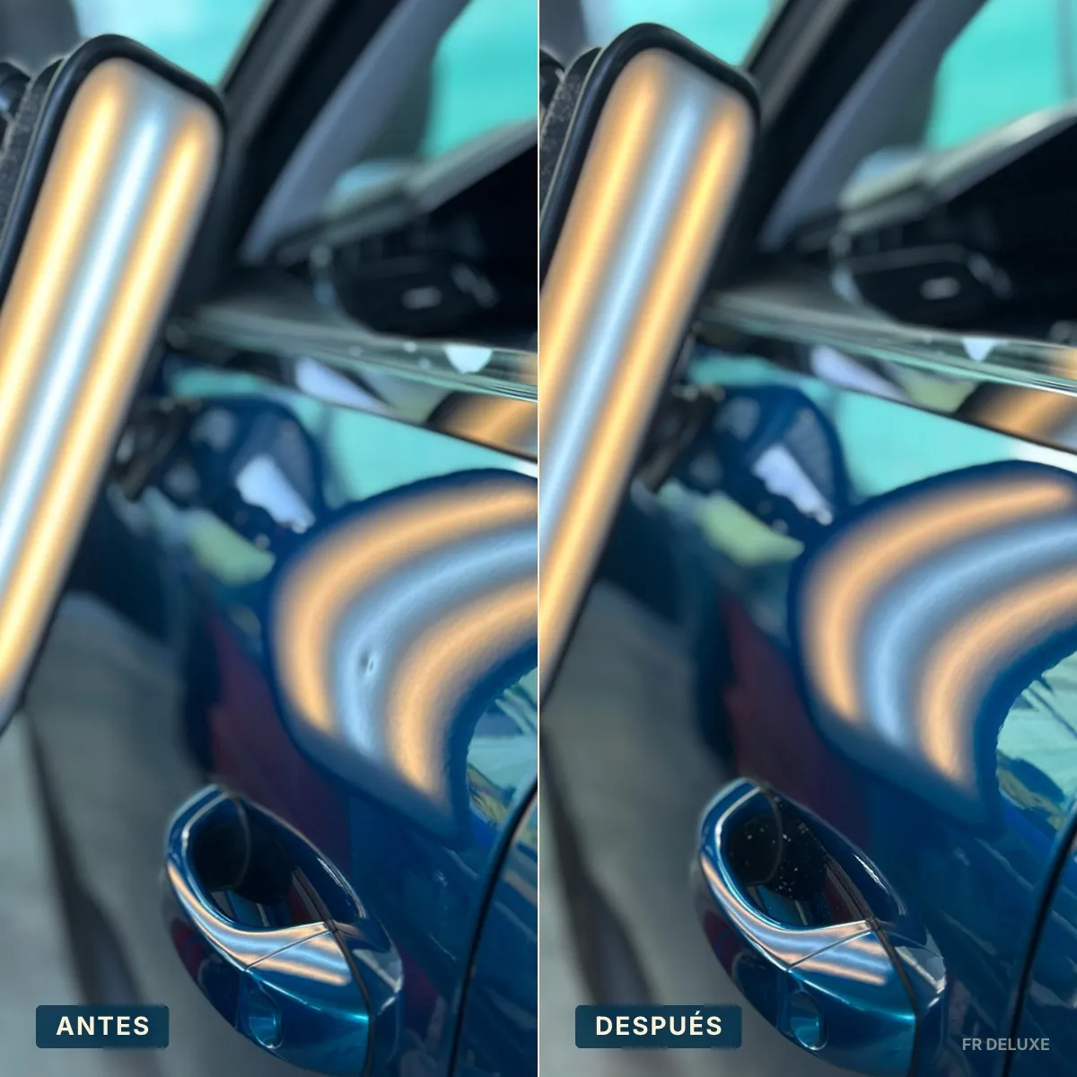 Antes y después de la reparación PDR de un bollo en la puerta de un Peugeot 308 en L'Hospitalet · sacabollos sin pintar