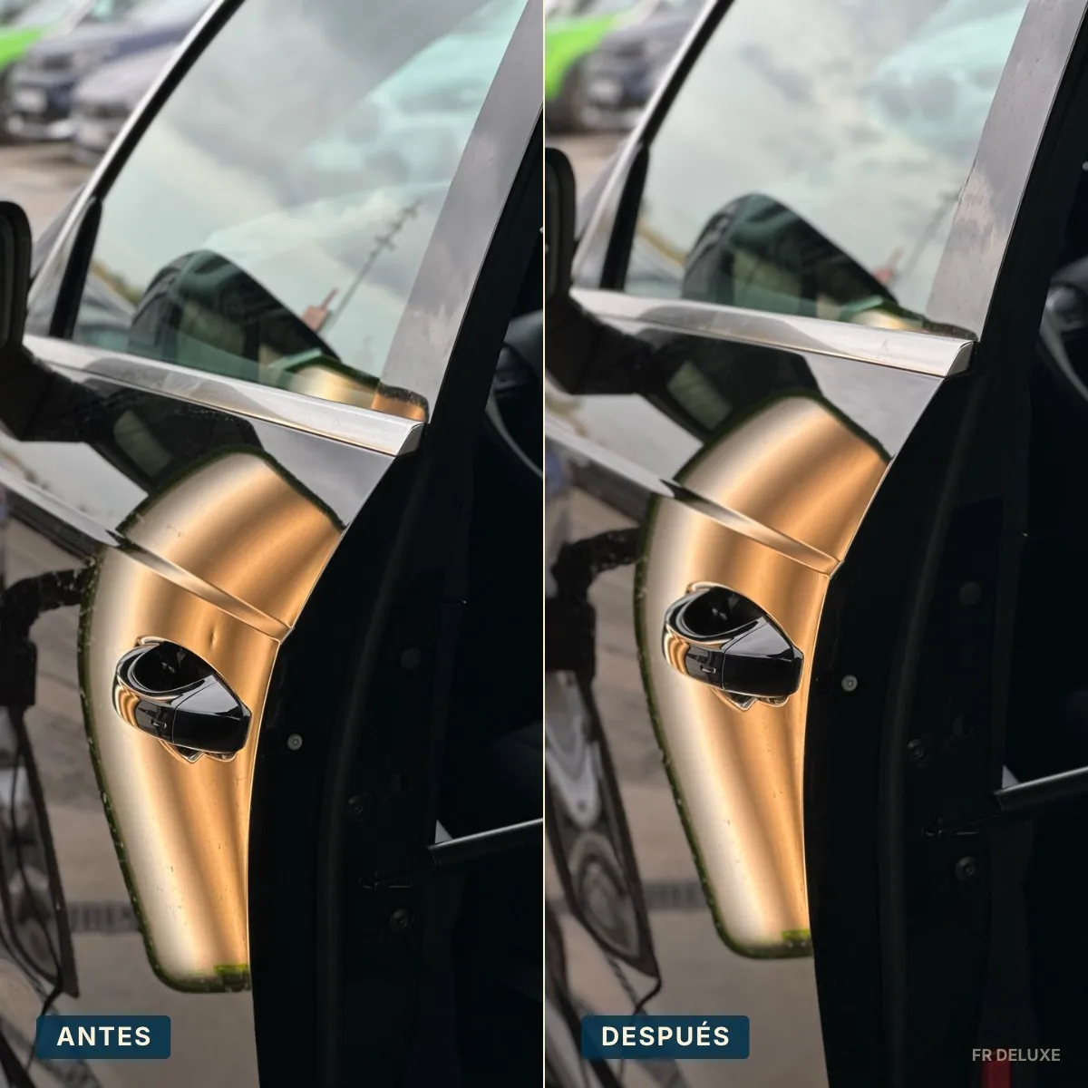 Antes y después de reparación múltiple en puerta delantera de un Audi A3 en Terrassa · varillero PDR FR Deluxe