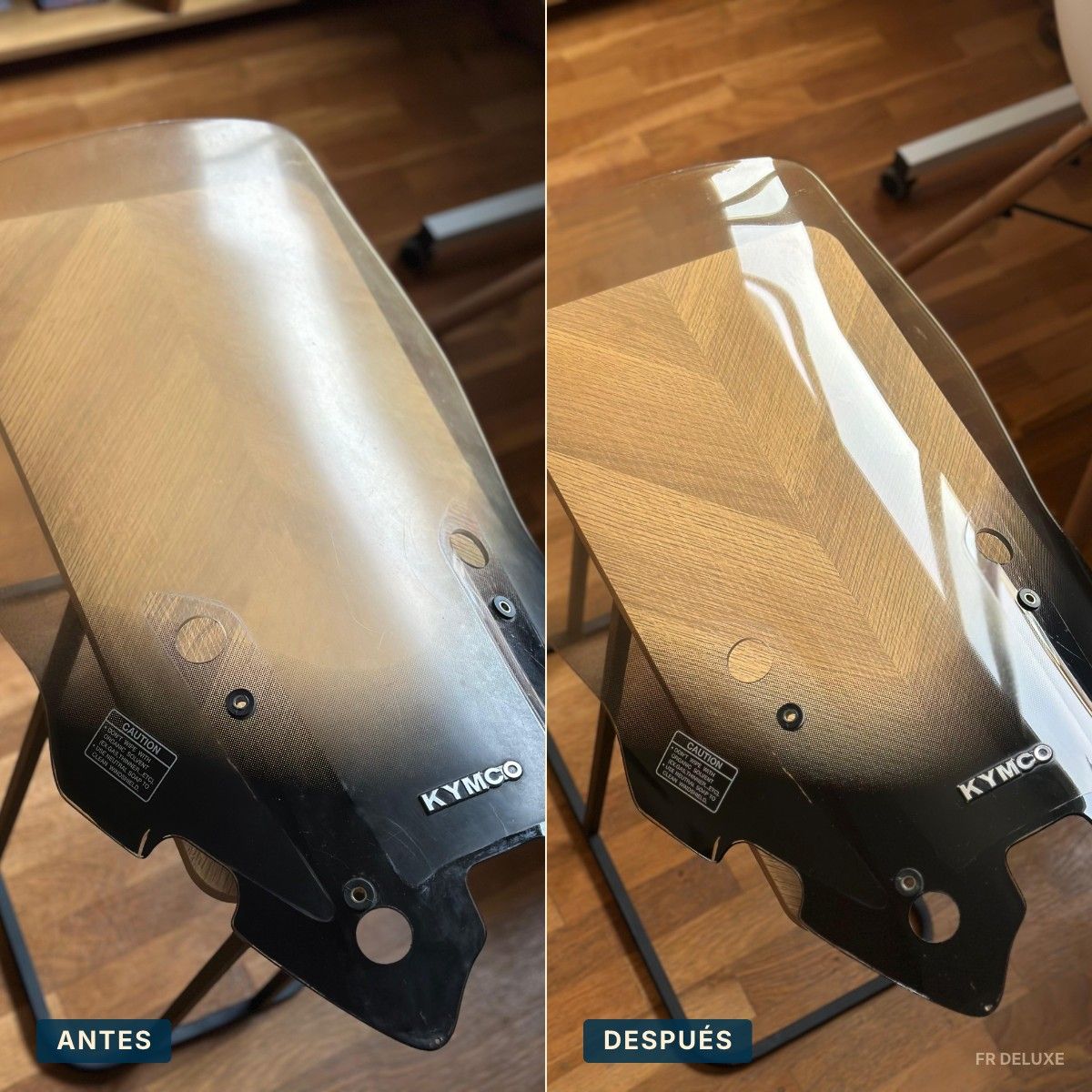 Pulido de cúpula amarillenta de moto Kymco antes y después en Barcelona · FR Deluxe