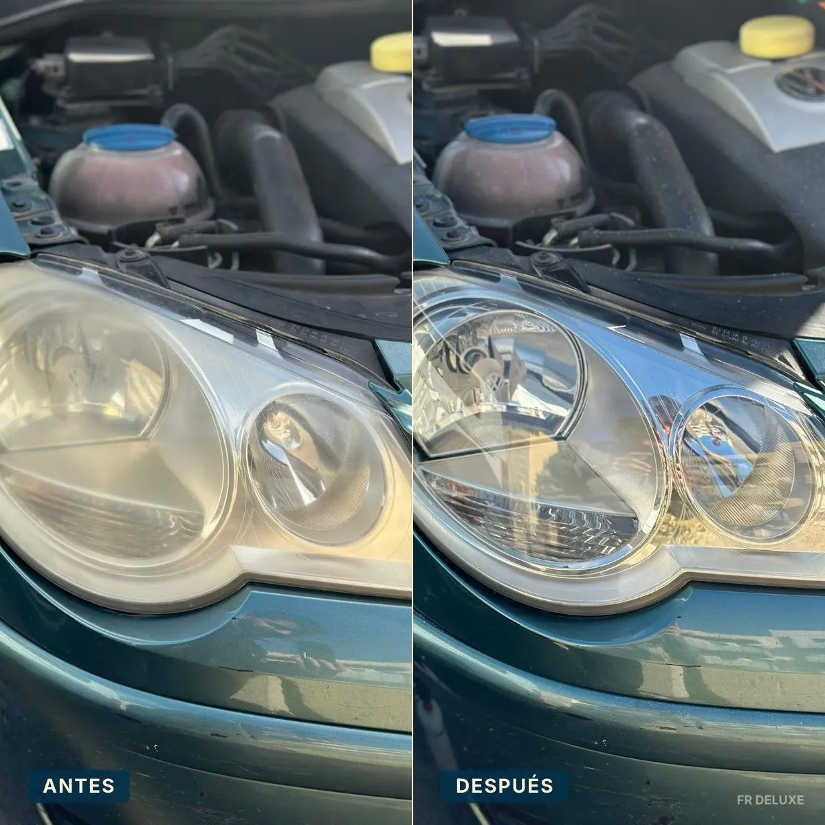 Pulido de faros amarillentos del coche antes y después en Barcelona · FR Deluxe