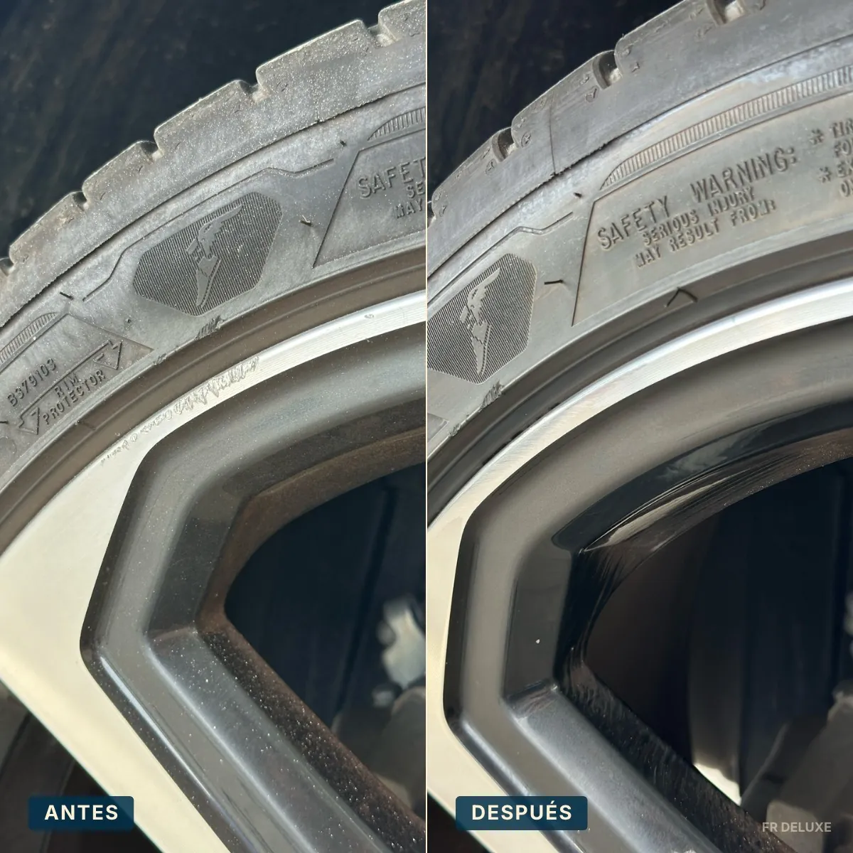 Antes y después de reparación de llantas tras bordillazo de un Audi A1 en Sabadell · restauración profesional FR Deluxe